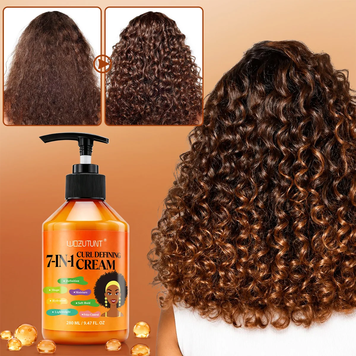 WOZUTUNT 280ml 7-in-1 Curling Defining Cream for Curly, Dry Wet Hair Non-greasy, Moisturizing, Nourishing, Smoothing,Frizz-free