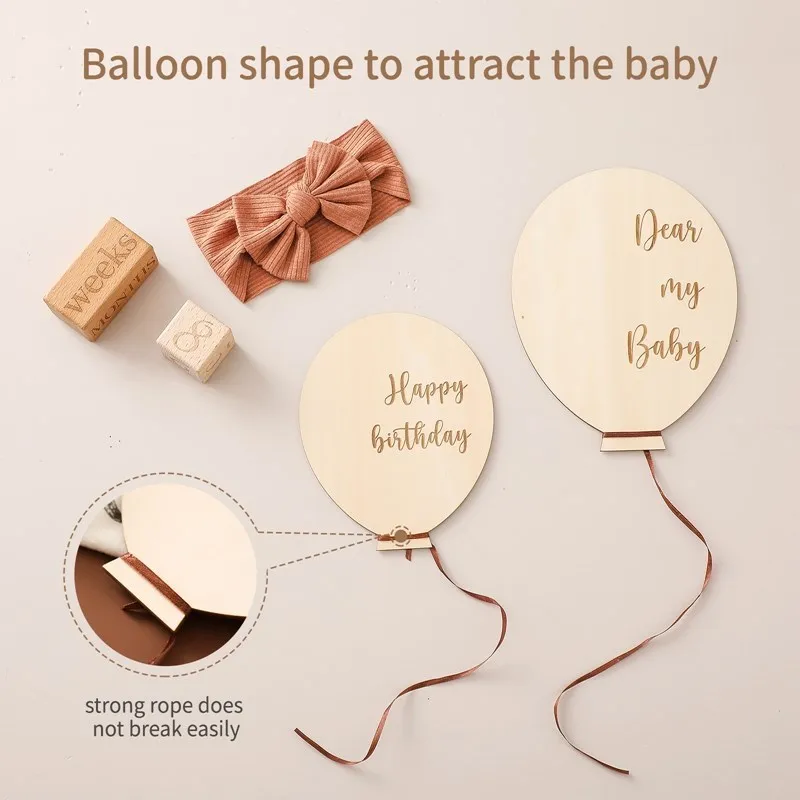 9PCS Baby Wooden Balloon Milestone 1-12Month Card Wooden Milestone Newborn Children Photography Props Birthday Party Decoration