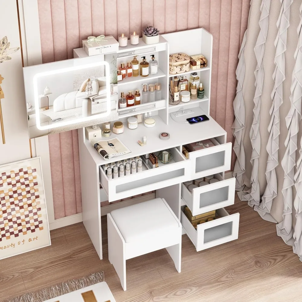 Schminktisch mit Schiebespiegel und Lichtern, 4 Schubladen und Ladestation, LED-Licht