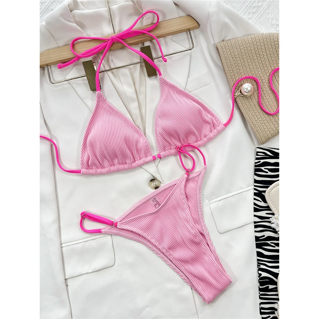 Sexy Neon Neckholder-Bikini mit Rippenstruktur, Damen-Badeanzug, zweiteiliges Bikini-Set, gepolsterter Badeanzug, Badebekleidung für Damen, V4048 – Detail 25
