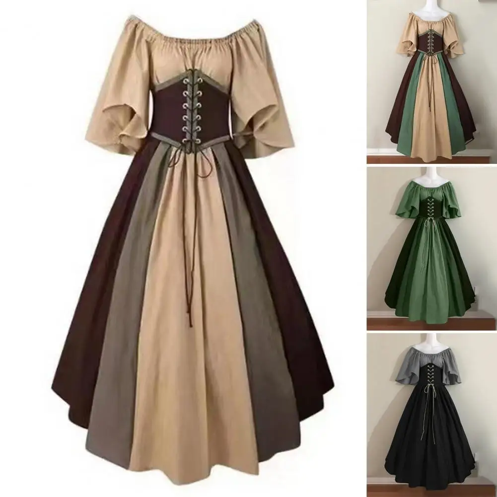 Vestido de hombro de una línea, falda completa, cintura con cordones, manga voladora, patchwork de color vintage medieval, Europa y Estados Unidos