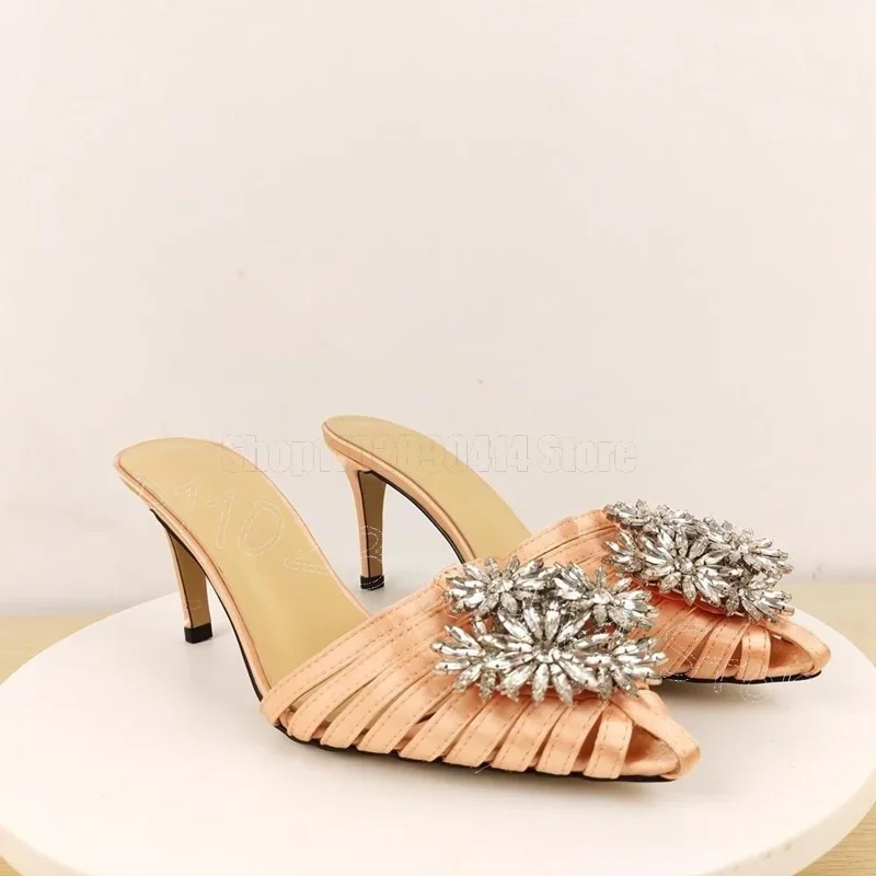 

Crystal Flower Hollow Design Pointed Toe Slippers Slip On Women Shoes Thin High Heels New Party Banquet 2025 Zapatos Para Mujere