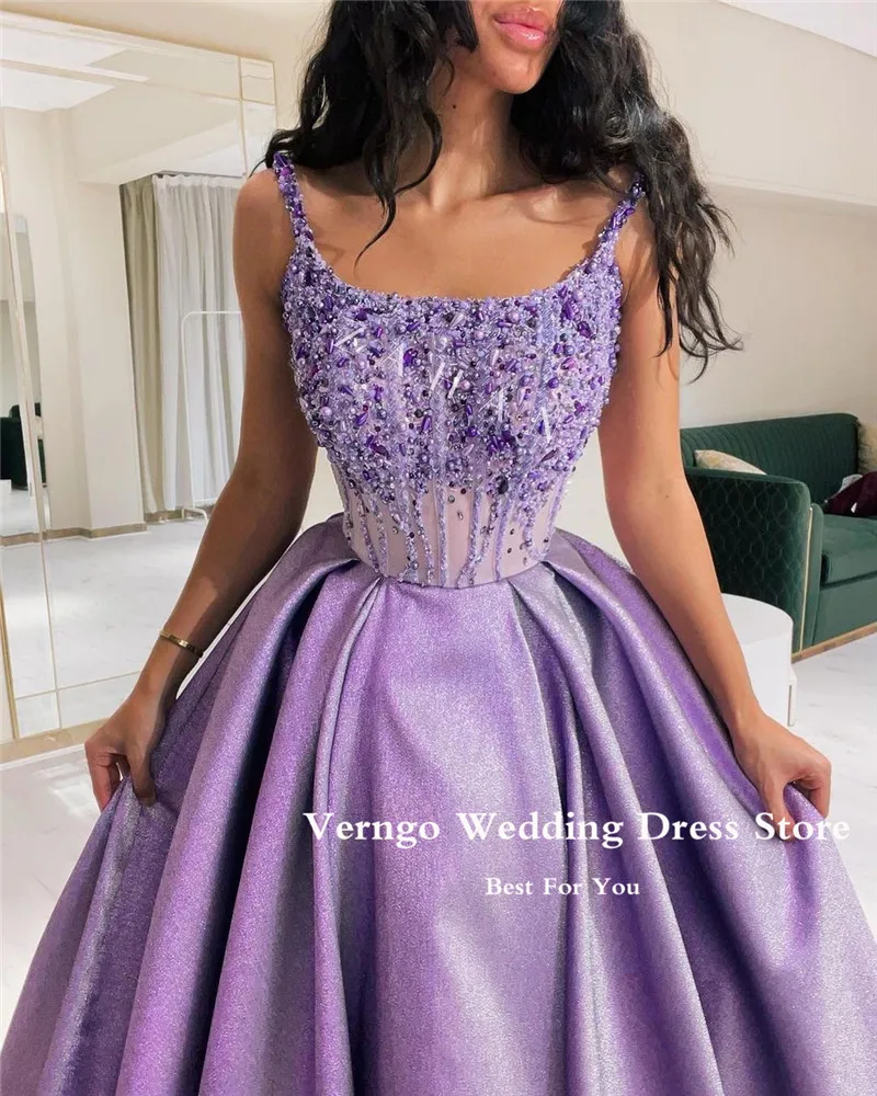 Verngo Shiny Purple Arabic Women Evening Dresses Spaghetti Straps Pearls Shiny Dubai Luxury Prom Gowns Formal Party Dress