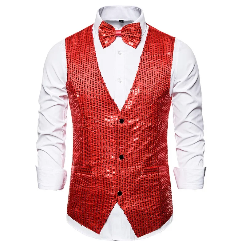 New Gold Sequin Vest Men\'s Single-breasted V-neck Sleeveless Vests Coat Wedding Party Waistcoat Silver Blue Purple Red Tops