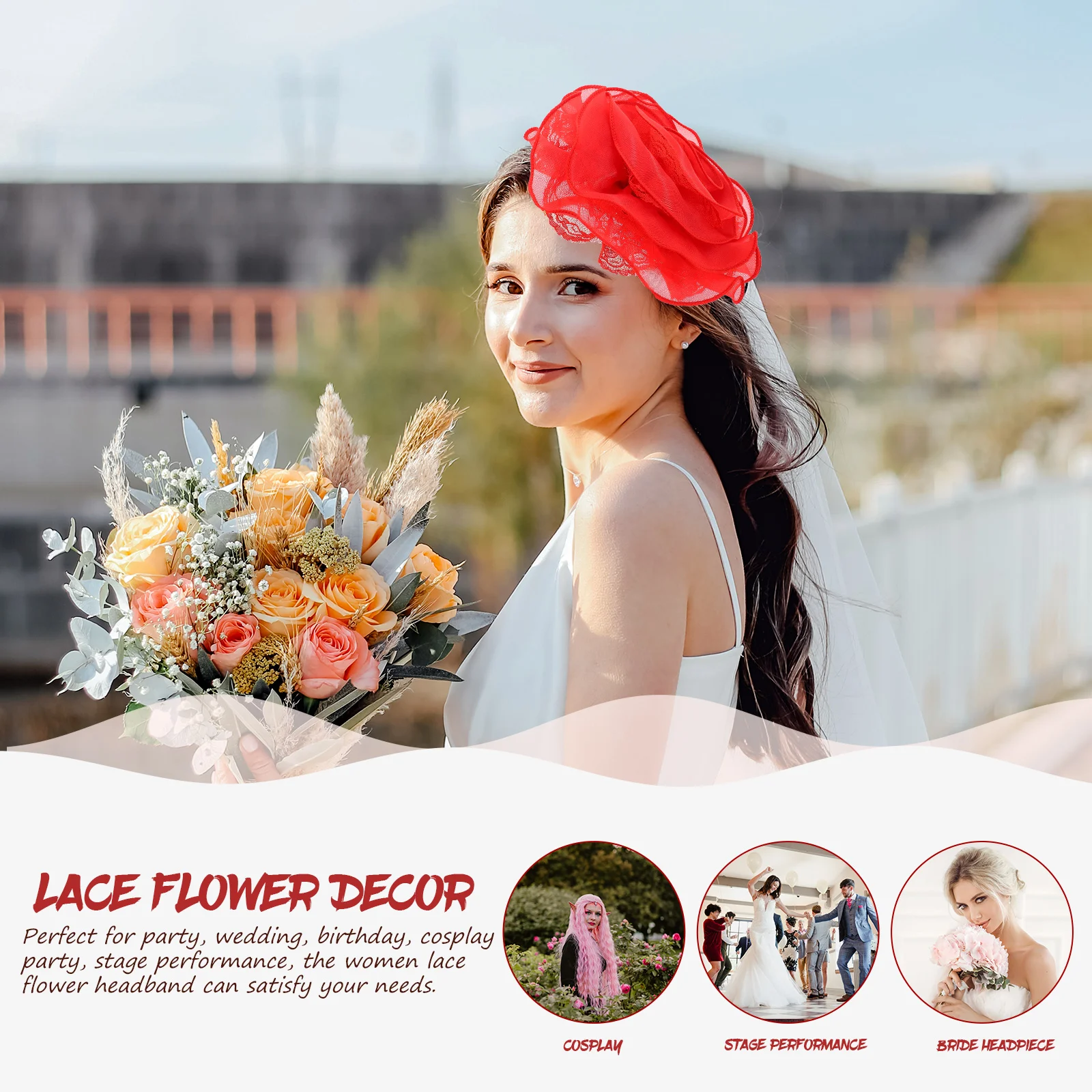 

Vintage Large Lace Floral Headband Wedding Bridal Party Cosplay Costume Accessory Women Girls Elegant Decorative Durable