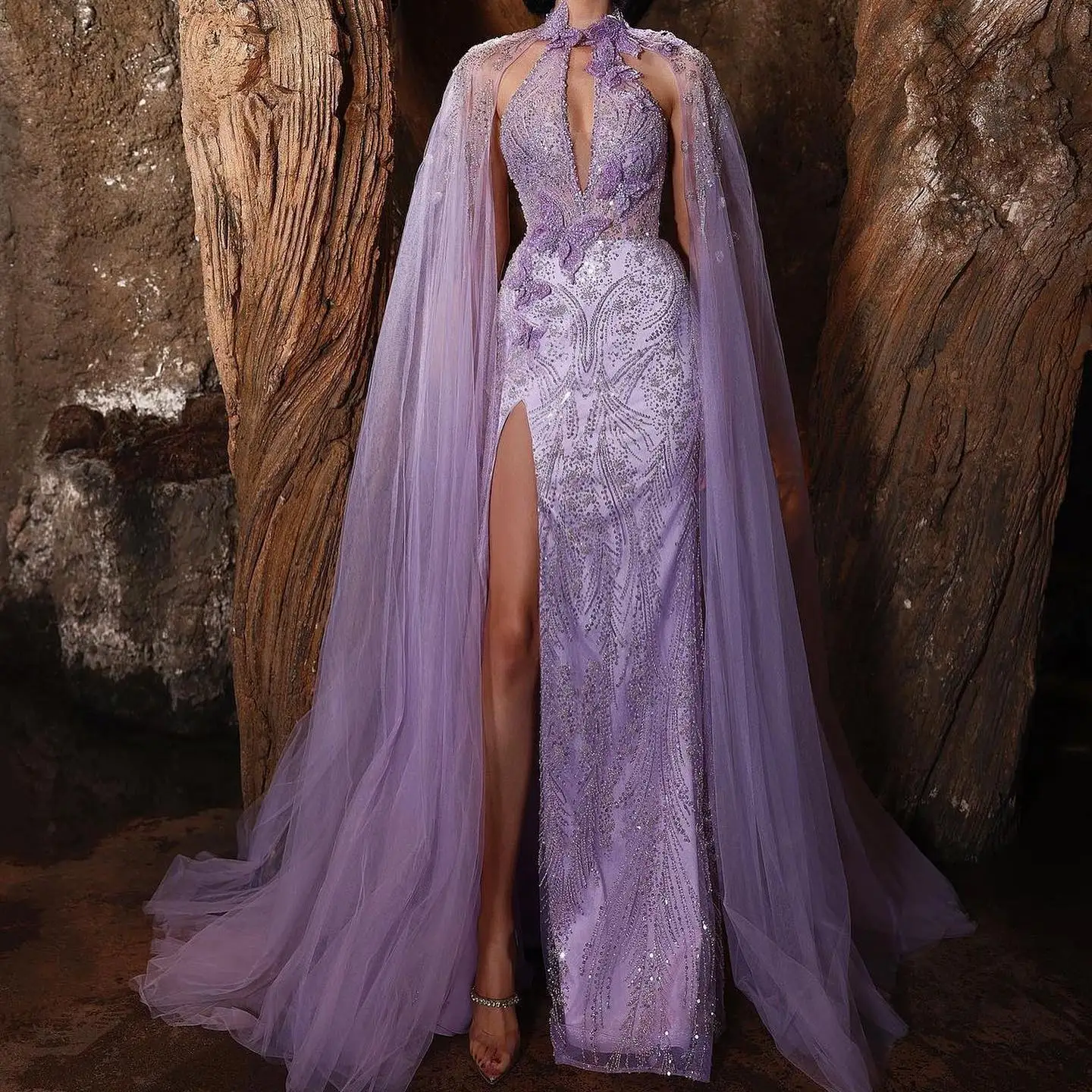 

Linyang Purple Prom Dress Split Floor Length With Shawl Sleeves Beaded Evening Summer Elegant Party Dress For Women2023