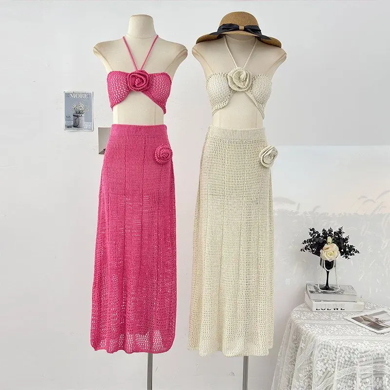

Seaside vacation style sexy neck hanging tank top high waist slim fit knitted hip hugging skirt summer solid two-piece set