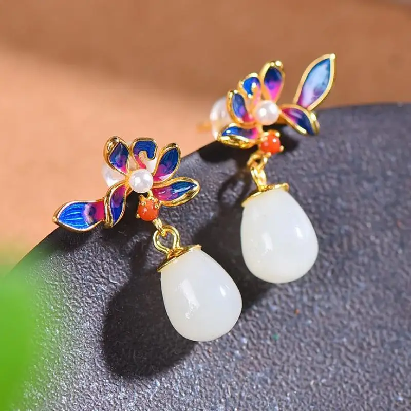 Genuine China Nephrite Stone 925 Silver Colorful Enamel Flower White Hetian Jade Water Drop Earrings Women Certified Jewelry