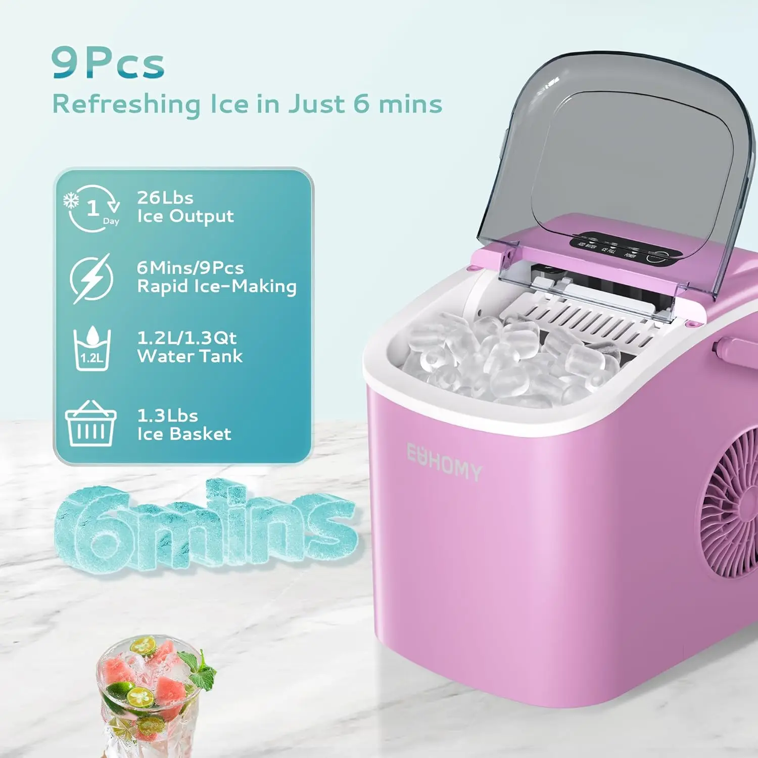 Countertop Ice Maker Machine with Handle, 26lbs Per Day, 9 Ice Cubes Ready in 6 Mins, Auto-Cleaning Portable Ice Maker (Pink)