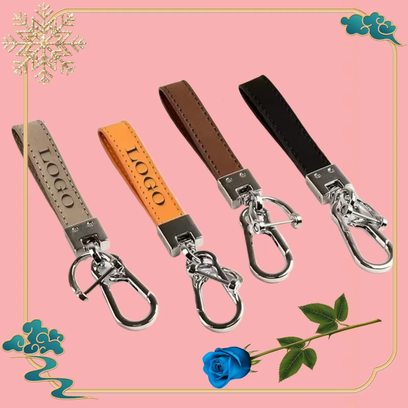 Custom LOGO Name Genuine Leather Portable Car Keychain Creative and Simple Key Chains High-end Elite Keyring Small Pendant Gift