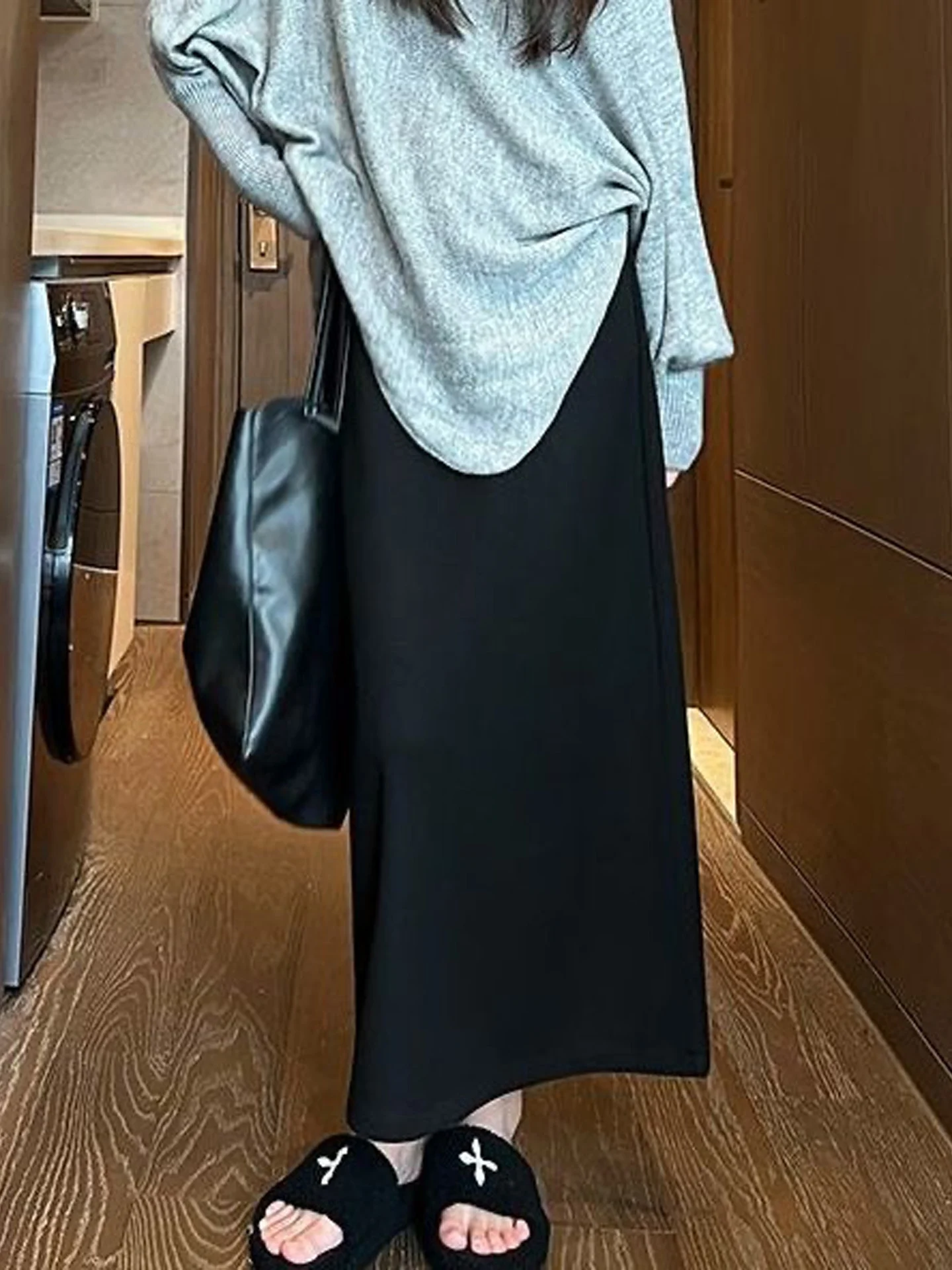 Elegant A-Line  Skirt Women's Autumn New Straight Cut Slimming Elastic Waist Long Skirt Woolen Material High Waist Design