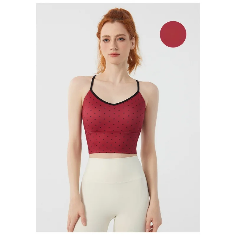 Women Polka Dot Sports Bra Shockproof Quick Dry Beauty Back Yoga Top Padded Push Up Strappy Gym Running Fitness Training Top