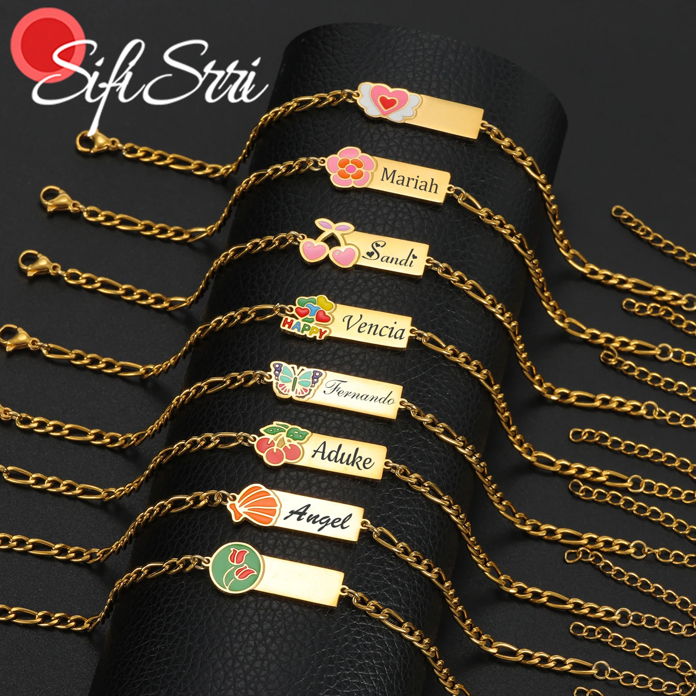 

Sifisrri Custom Color Oil Bar Engrave Name Bracelet For Women Stainless Steel Jewelry Figaro Chain Personalized Birthday Gift