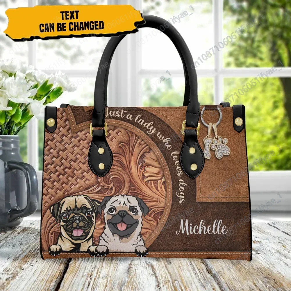 Bolsas de couro padrão Pug para mulheres, bolsas de mão femininas, sacola casual feminina, alça de ombro preta, Kawaii, venda quente, 2023