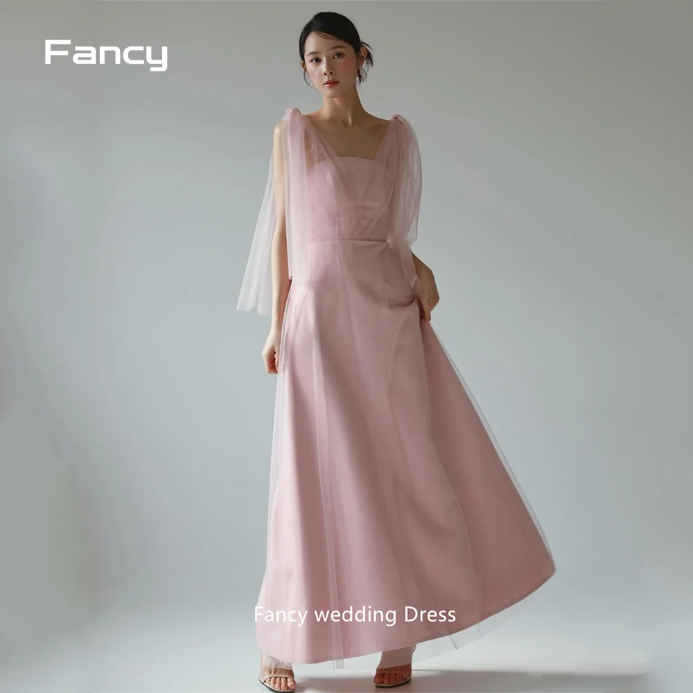 Fancy Fairy Pink A Line Wedding Dress Korea Photography Soft Tulle Satin Bridal Gown Ankle Length Bridal Dresses 3 Style