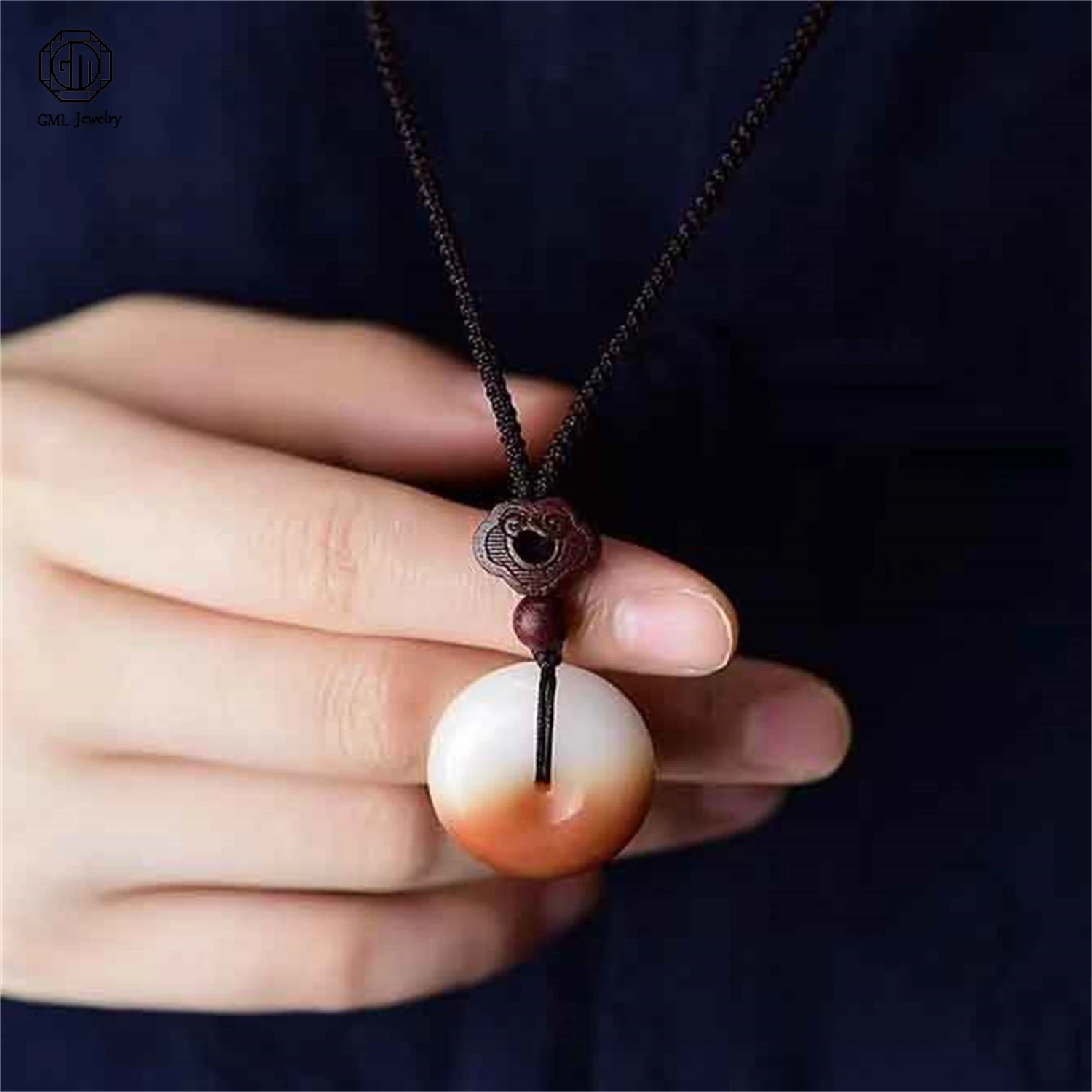 

Natural Gold Silk Jade Hetian White Jade Teardrop Peace Lock Pendant Long Chain Sweater Necklace Unisex Men Women Jewelry Gift