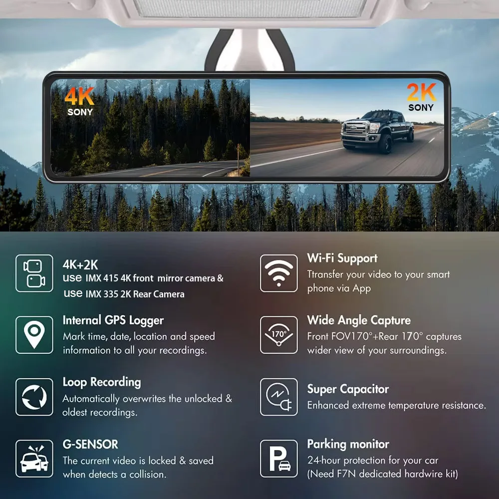 HGDO M420 Rear View Mirror 4K IMX415 Front Dash Cam with 2K IMX335 Backup Camera Car DVR Recorder WIFI GPS 24H Monitor