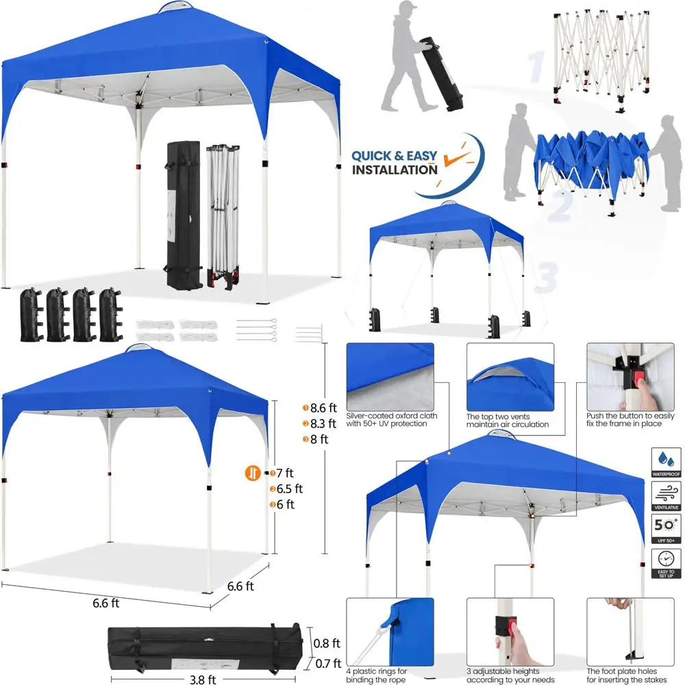 

Мгновенная выдвижная палатка с навесом 6,6x6,6 футов с вентиляцией, простая установка, сумка на колесиках, 4 мешками с песком, 8 кольев, наружное солнцезащитное устройство