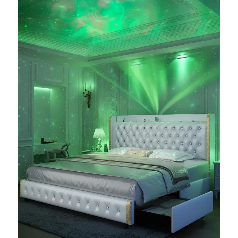 Queen Led Bed Frame with 4 Drawers Projector Galaxy Light Wingback Upholstered Headboard Diamond Charger Music Speaker No Box