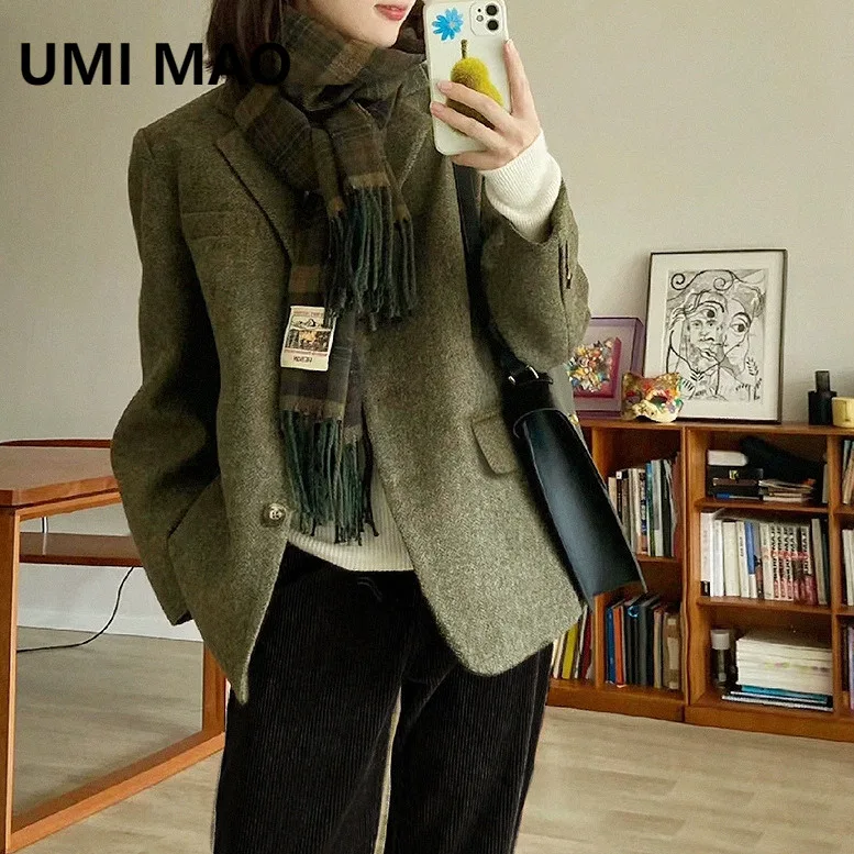 UMI MAO 100% Wool Suit Jacket High-Quality Herringbone Tweed Spring Autumn New Green Short Women's Clothing Femme
