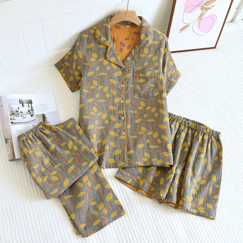 2024 New Spring/Summer Pajamas Three Piece Set Thin 100%Cotton Crepe Ladies Short Sleeves+Shorts+Pants Flip Collar Home Suit Set