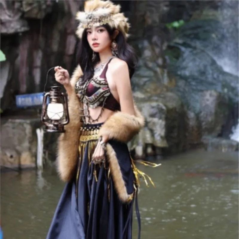 Traje exótico región occidental antiguo Yunnan Xishuangbanna vestido de baile de estilo tribal primitivo