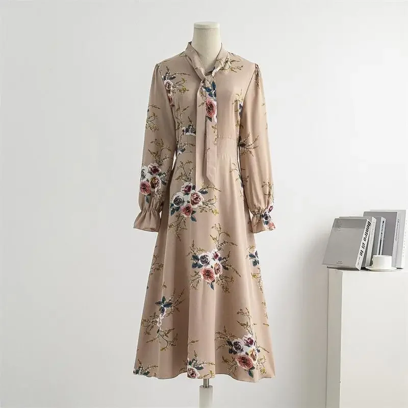 Autumn Spring Chiffon Dress Women Casual Dresses Vestidos Fashion Female Vintage Printed Floral Full Sleeve  A-line Long Dresses