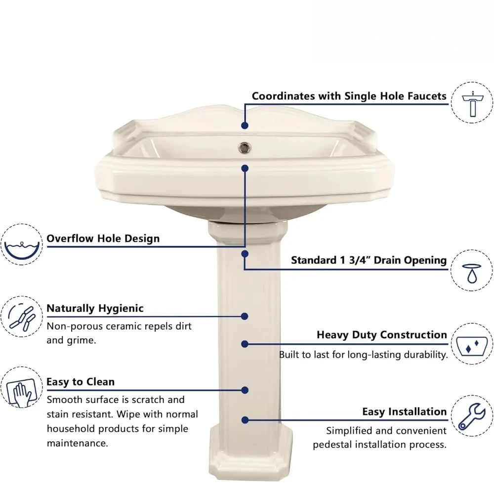 

Раковина на пьедестале — костяная белая керамика размером 23x19 дюймов, перелив и одинарное отверстие для смесителя