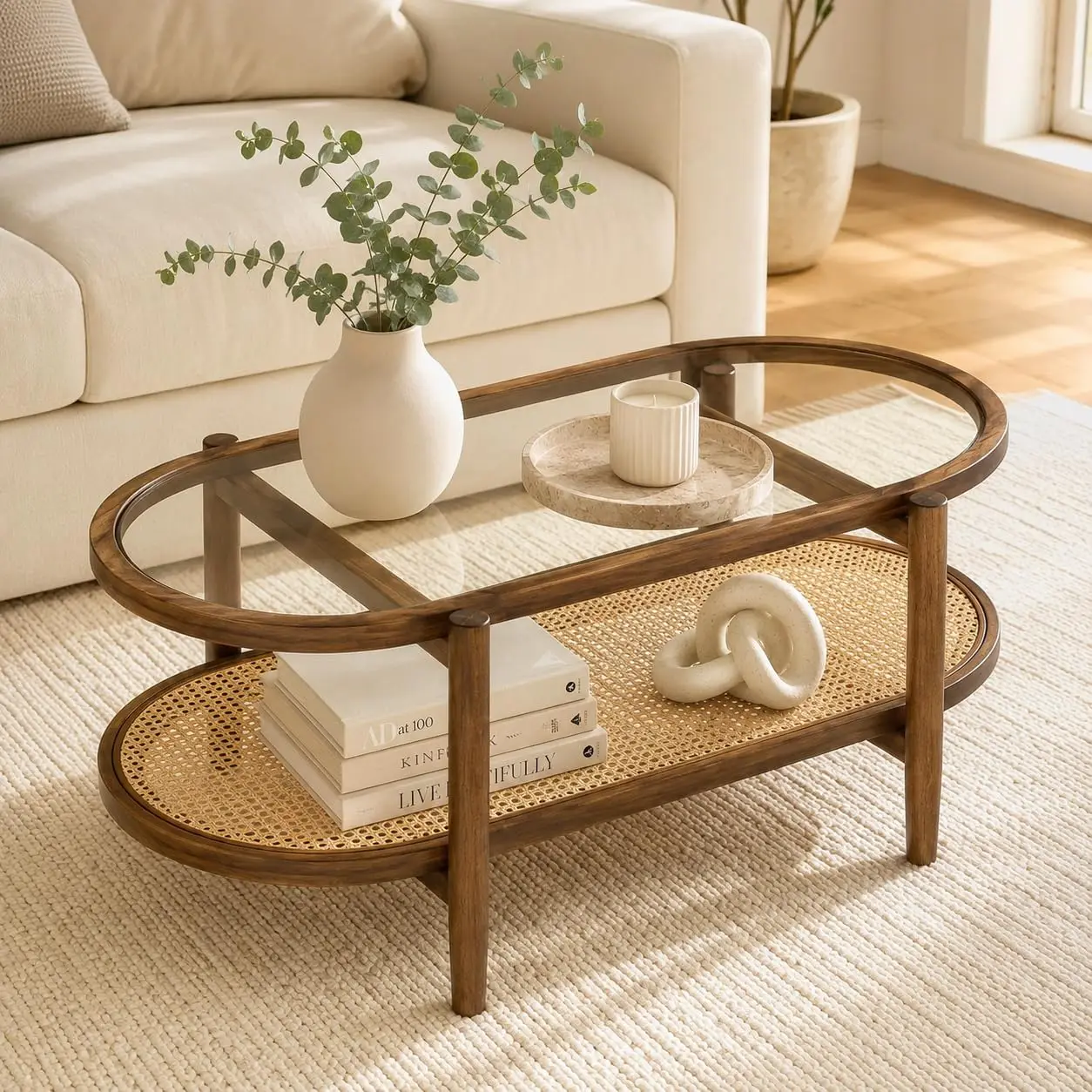 Oval Rattan Coffee Table with Tempered Glass Top & PE Woven Shelf, 2-Tier Acacia Wood Frame for Living Room, 40 Inch, Customized