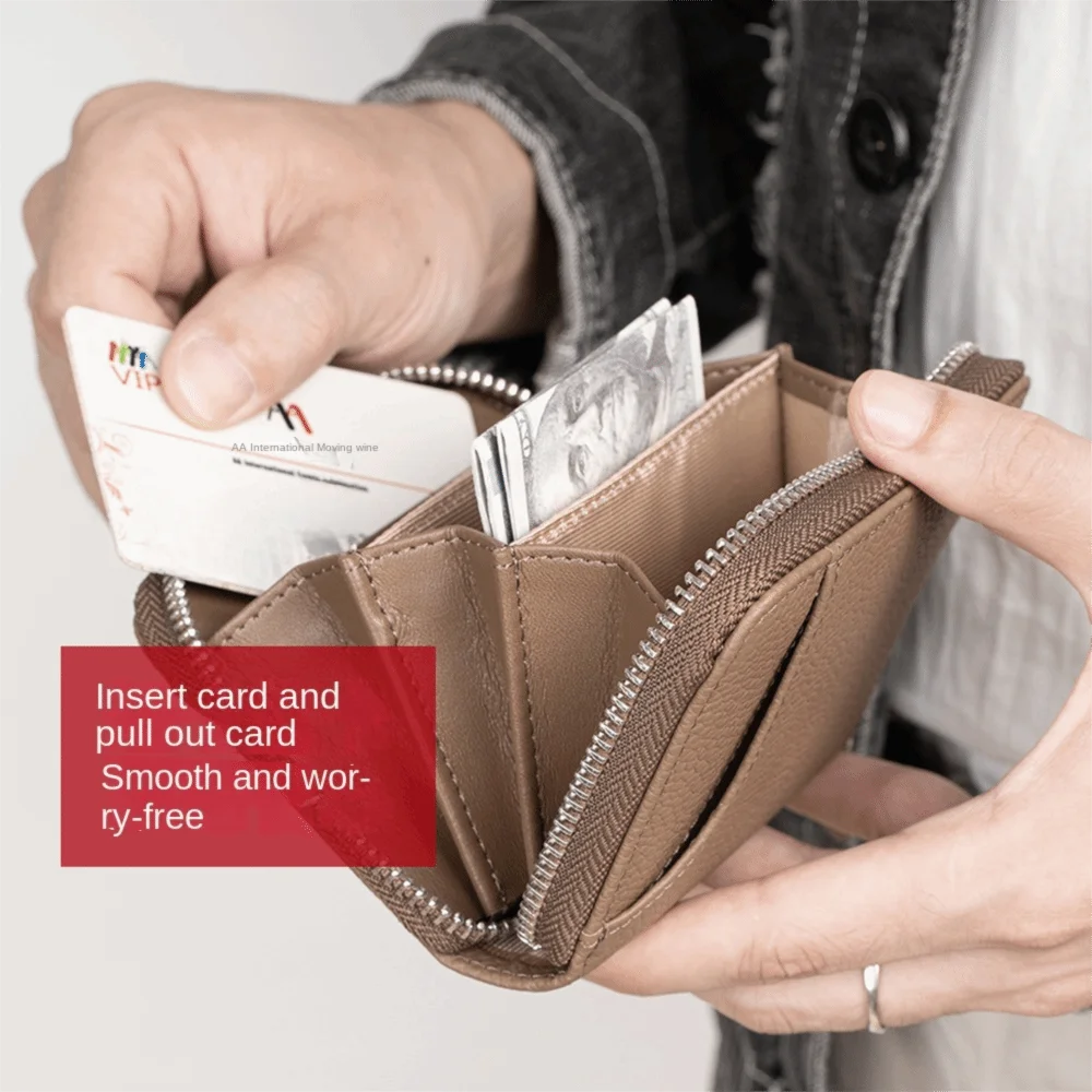 

Genuine Leather Men Short Wallet Anti-Theft RFID Blocking Protection Portable Coin Bag 3 Folds Waterproof Mini Zipper Purse