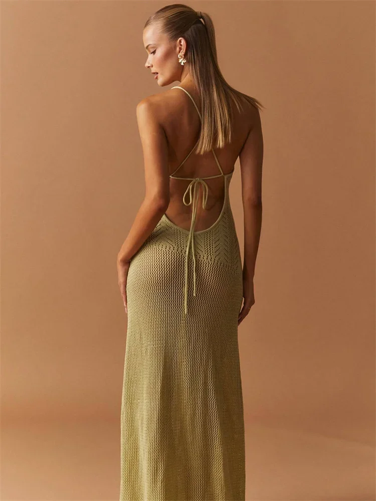 Robe maxi à bandes en tricot pour femmes, robe imprimée transparente, taille haute, dos nu, vacances de plage, longue, été