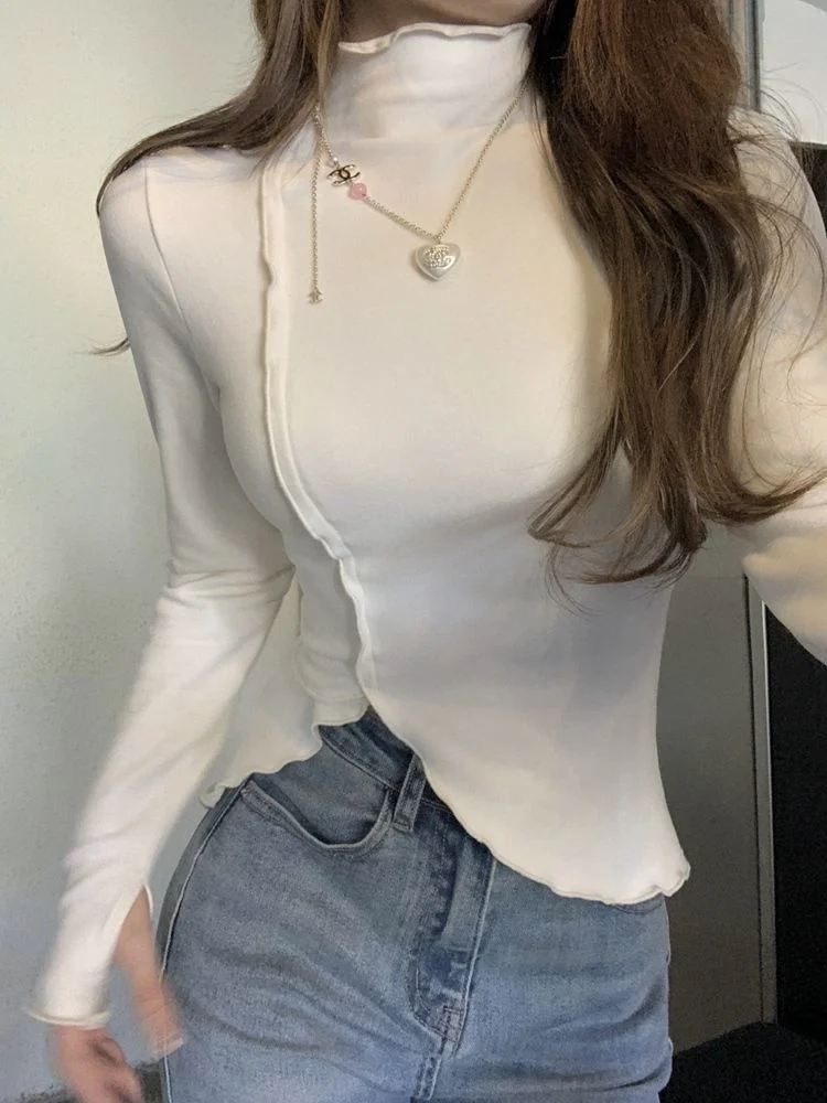 

Полувысокий воротник Нижняя рубашка для с чувствительным тонким асимметричным топом топы футболки женская одежда Camisetas Ropa Mujer