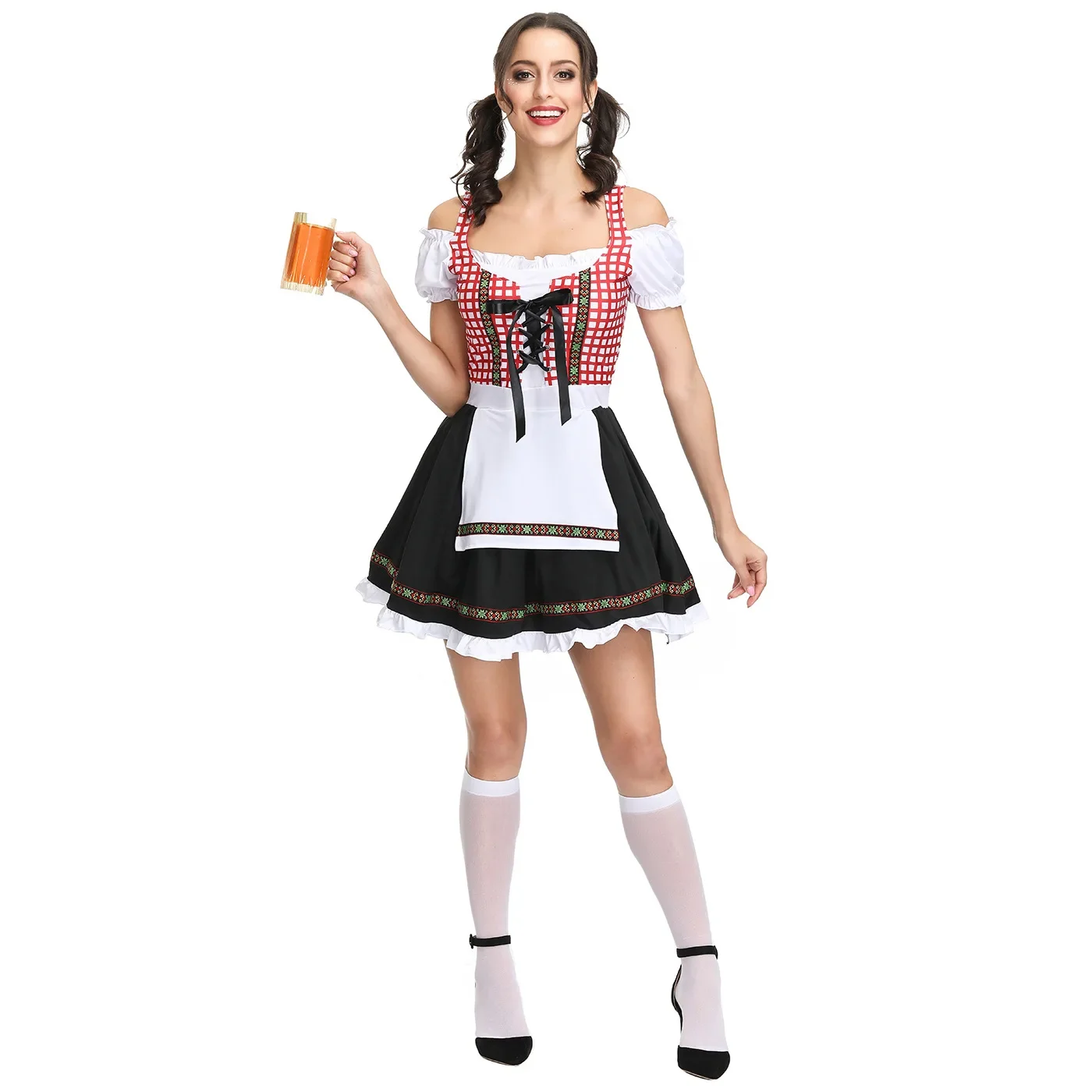 Vestido tradicional alemão xadrez para adultos, fantasia Oktoberfest, roupa feminina, cosplay de Halloween, festa extravagante