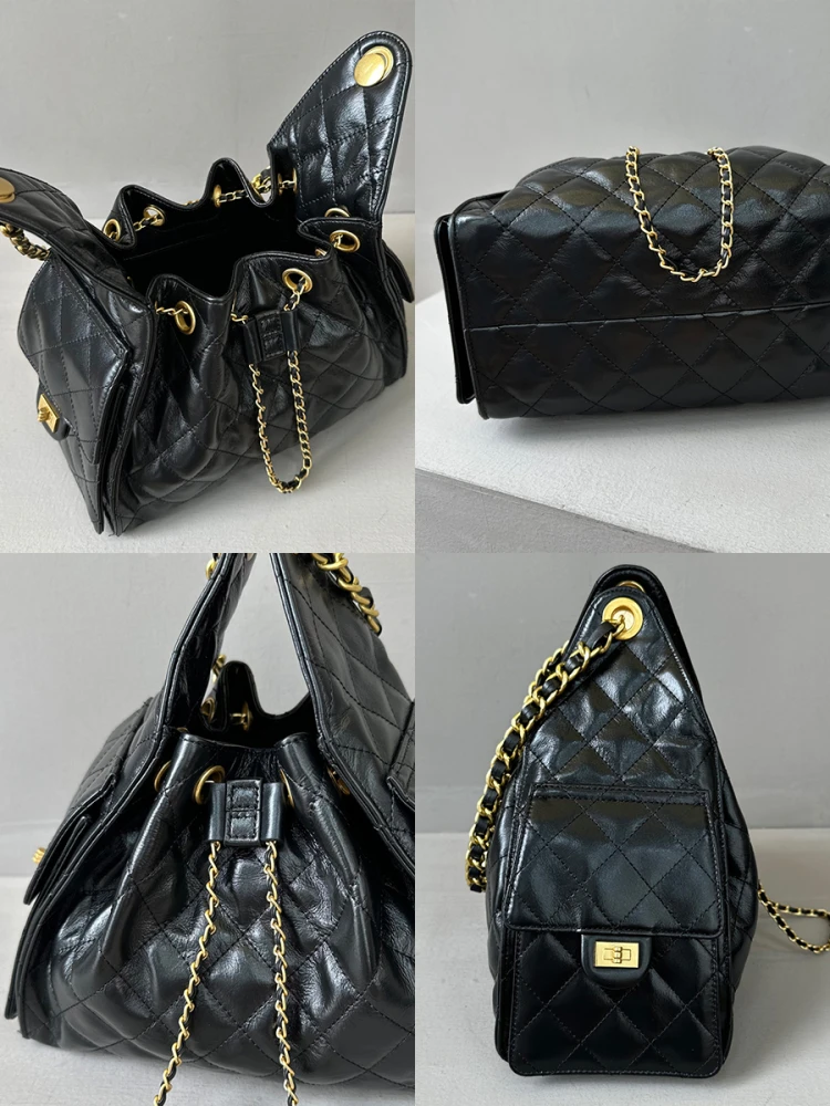 

Large Capaci Tote Bag Top Layer Oil Wax Cowhide Chain Underarm ket Single oulder Slant Cross Bag Casual Pure Color