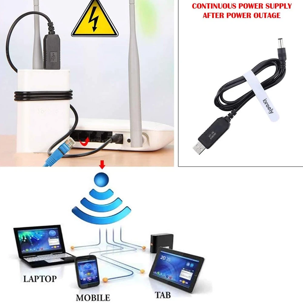 WiFi to powerbank cable connector, DC 5V to 12V, USB cable, boost converter, step-up, for WiFi router, modem fan, 5.5x2.1mm