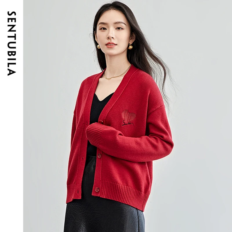 

SENTUBILA Red Wool Embroidery Cardigan For Women 2025 Spring Commute Casual V Neck Long Sleeve Crop Elegant Knitwear W51E58235