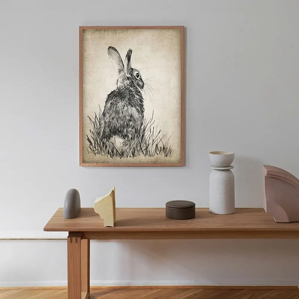 Canvas Print Painting Poster Rabbits In The Grass Retro Art Living Room Bedroom Porch Bedside Sofa Background Home Wall Decor