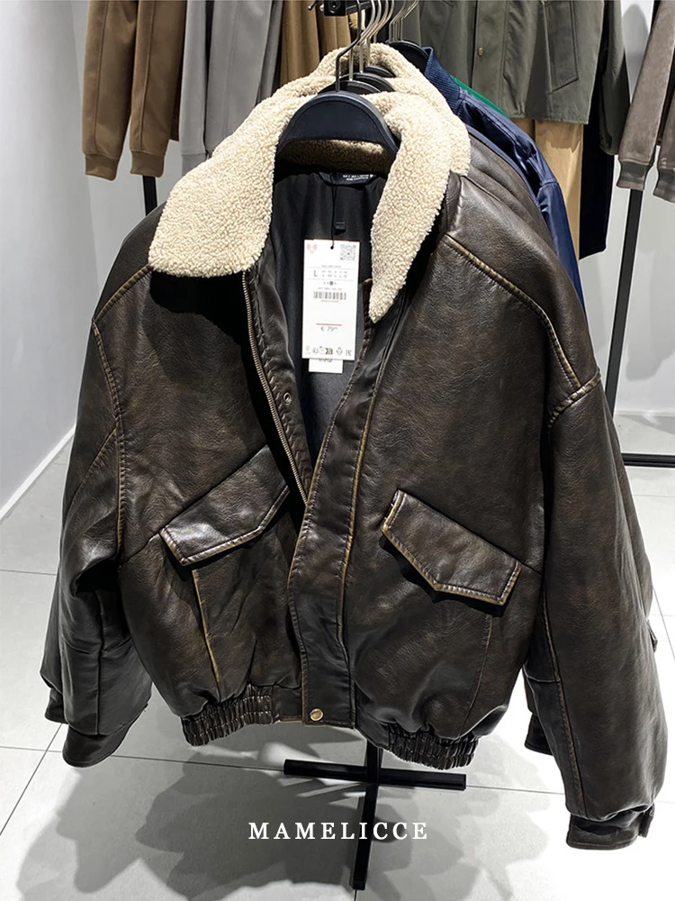 

MAMELICCE Original design Fur collar vintage distressed jacket cropped cotton jacket thickened leather jackets Outerwear Fashion