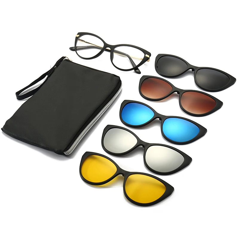 Polarized Cat Eye Frames Anti-Glare TR90 Sunglasses Women Men 6 in 1 Sets Magnet Sunshade Clip On Sun Glasses Eyeglasses Female