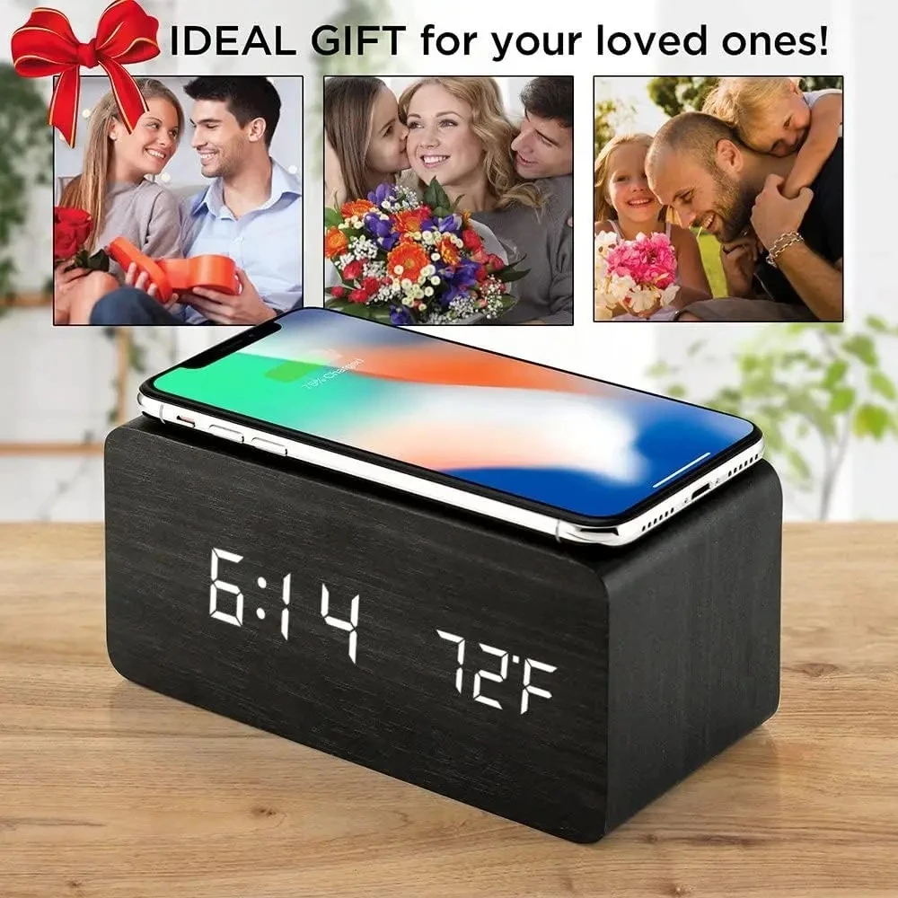 Wireless Charging Digital Alarm Clock Voice Control Teperature Snooze Night Desktop Table Clock 12/24H Wooden LED Clocks Watch