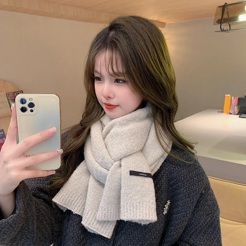 

Женский однотонный шерстяной шарф с нашивкой в корейском стиле, осень и зима, нежный и универсальный вязаный теплый утолщенный шарф Stude