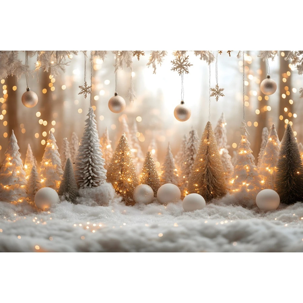 White Christmas Photography Background Xmas Pine Tree Gold Bells Winter Snow Kids Portrait Christmas Decor Backdrop Photo Studio
