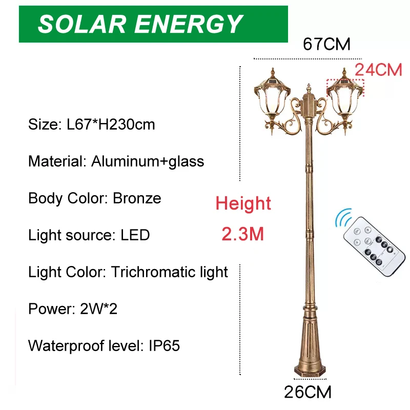 Solar światła uliczne dom na zewnątrz IP65 wodoodporny lampa ogrodowa (2.3M) słup oświetlenie LED willi Super jasne oświetlenie trawnika ﻿