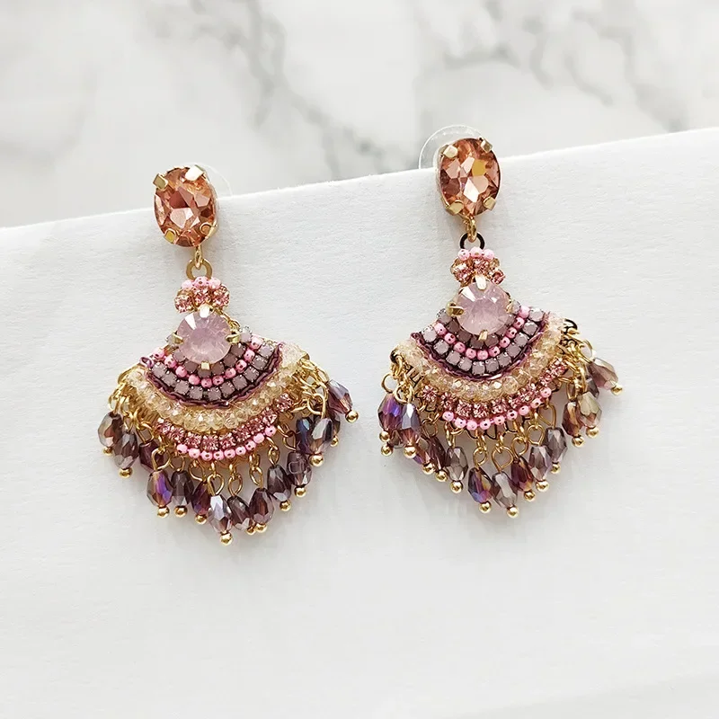 

Ethnic Retro Handmade Colorful Beaded Fan Shaped Long Tassel Earrings for Women S925 Silver Needle Bohemian Ear Piercing