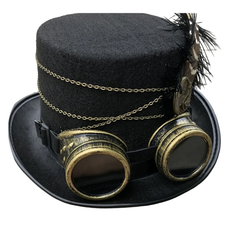 

Felt Steampunk Top Hat for Adult with Goggles Vintage Victorian Steampunk Costume Hat Women Men Halloween Party Props