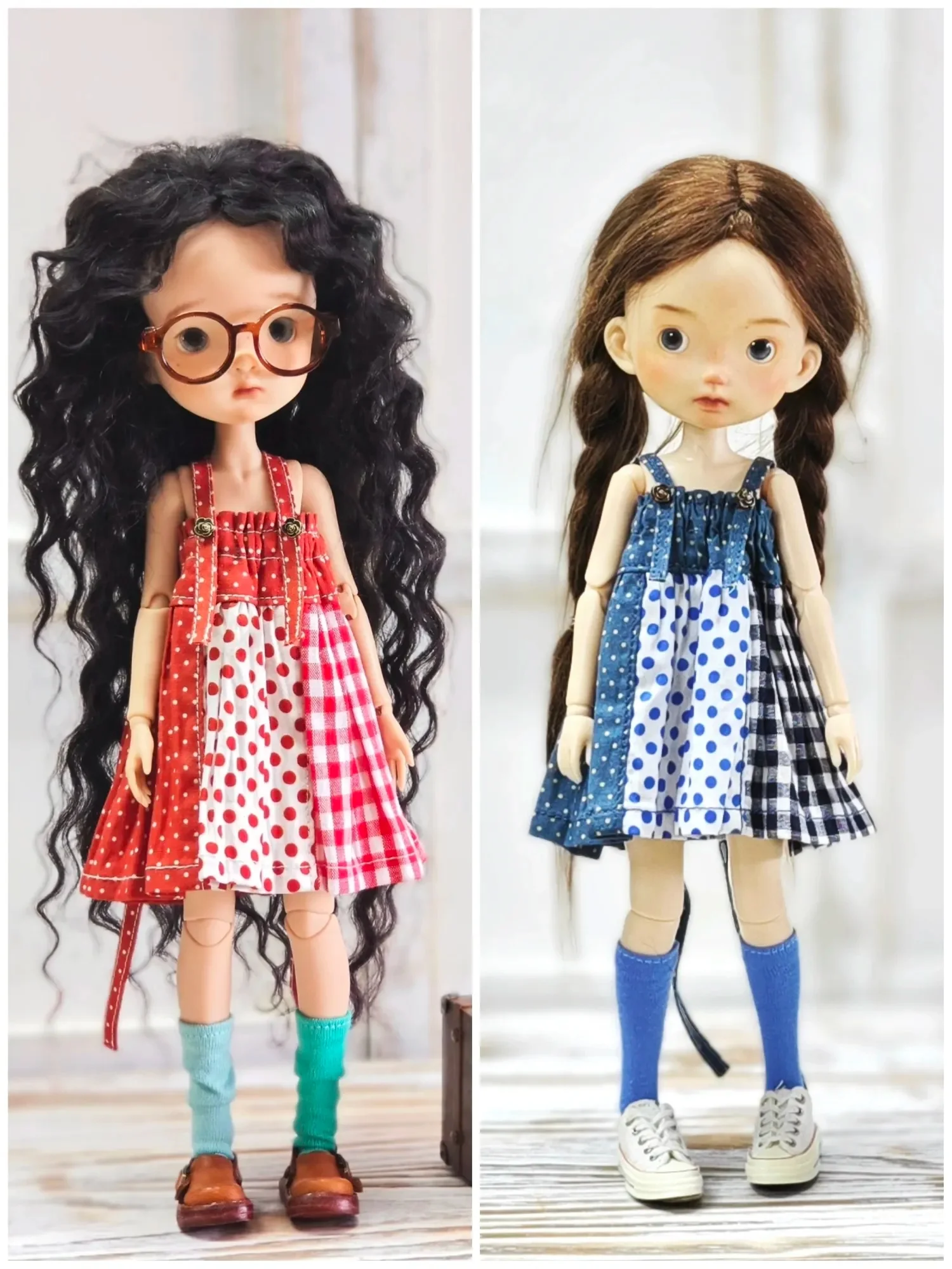 Dula Doll Clothes Handmade Blue and Red Patchwork Dress for Blythe Landoudou Landazz OB24 OB22 Azone Doll