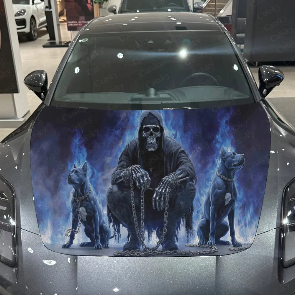 Blue-flame Chained-dog Grim Reaper Pattern car hood stickers, waterproof self-adhesive, scratch resistant, easy to stick, durabl