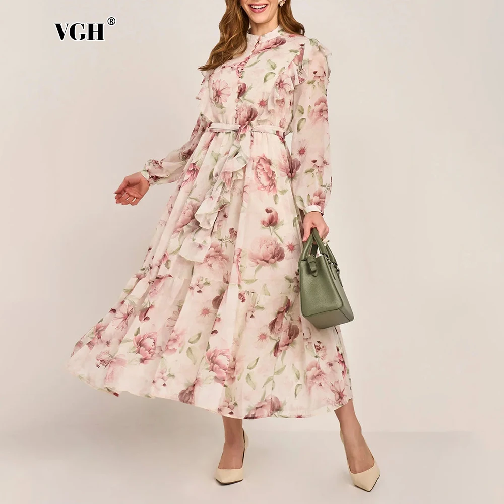 

VGH Colorblock Print Elegant Dress for Women Stand Neck Long Sleeve High Waist Patchwork Lace Up Ruffles Midi Dresses Female New
