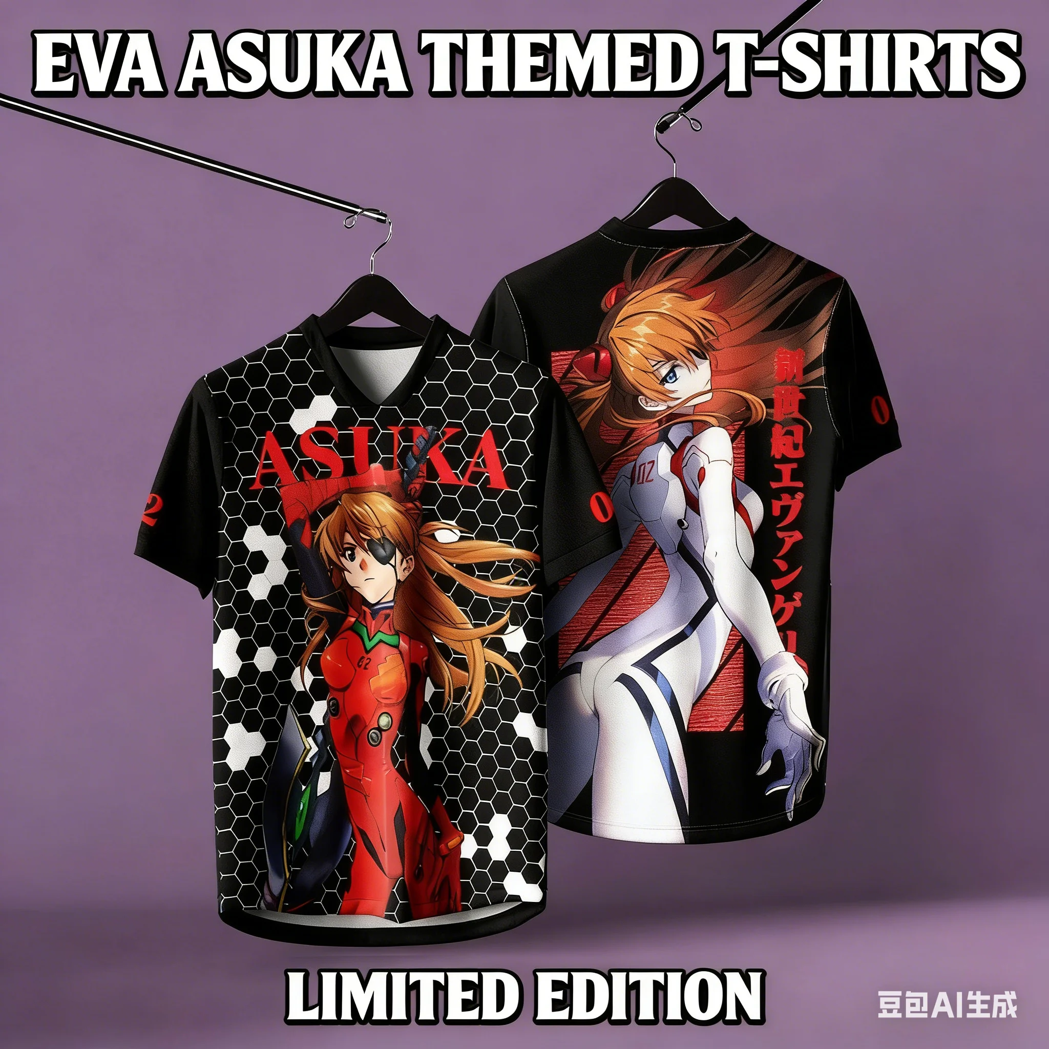 Bandai Anime Neon Genesis Evangelion Asuka Langley Soryu Print Herren-T-Shirt, lässige Streetwear, Anime-Fans, bequeme Alltagskleidung