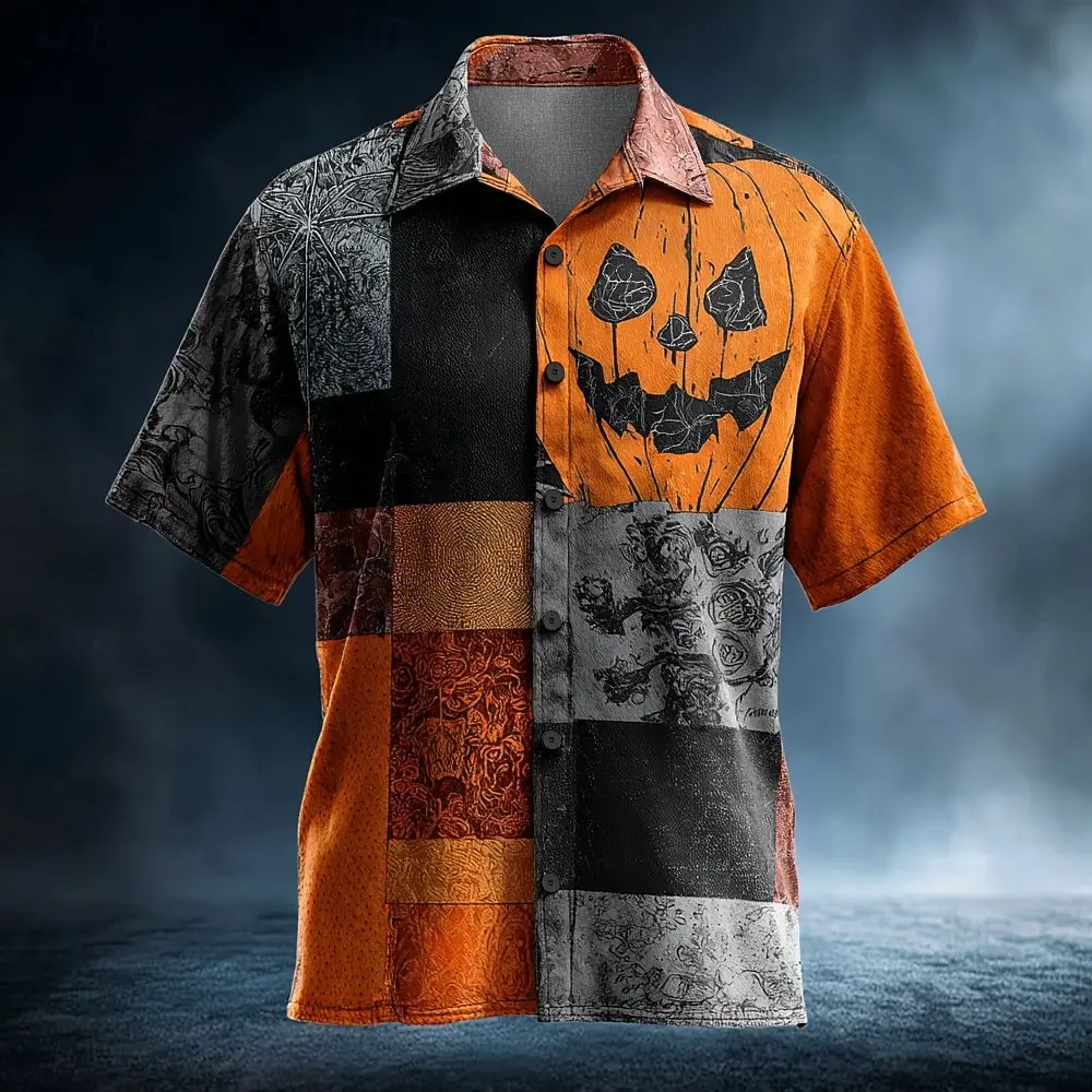

Men's 2025 Halloween Short Sleeve Shirt, Pumpkin face Printed Polyester Casual Fit, Themed Party Graphic Tee, Fal Fun Print Tops